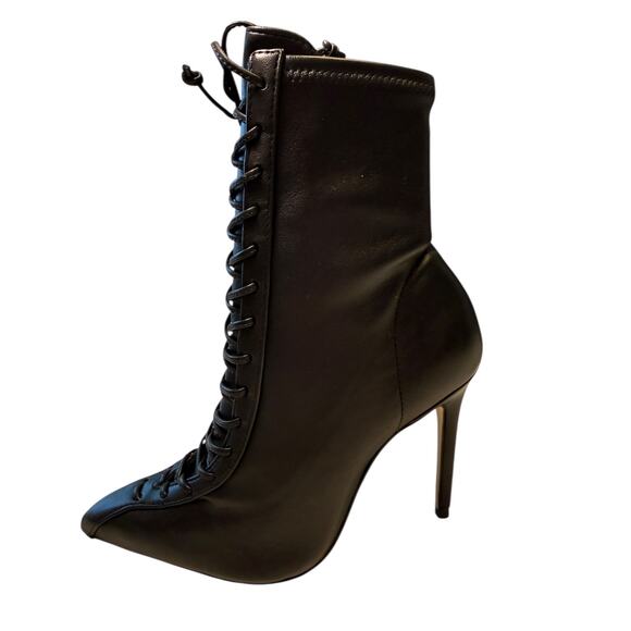 Schutz Black Nappa Leather Lace-Up Stiletto Ankle Boots | Size 5B Pointed Toe - Picture 11 of 12
